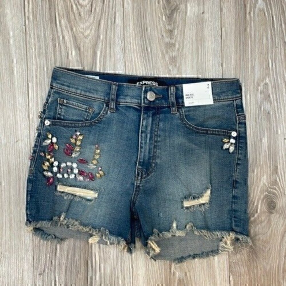 Express high rise shortie jean shorts embellished size 2 NWT